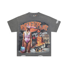 RoughPlay Urban Figure Explosion Scene Graphic Distressed Short‑Sleeve Tee Vintage Streetwear T‑Shirt