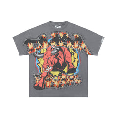 DUAA Charging Bull Fire Flame Vintage Graphic Oversized T‑Shirt