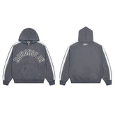 RoughPlay Dark Grey Varsity Stripe Zip‑Up Vintage Hoodie