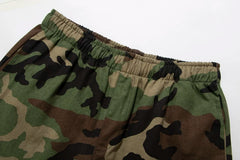 Gallery Depot green camouflage shorts with letter logo printed casual pants, summer loose straight leg cropped pants, trendy