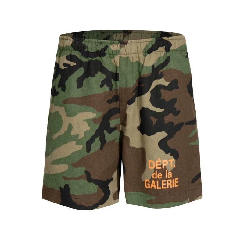 Gallery Depot green camouflage shorts with letter logo printed casual pants, summer loose straight leg cropped pants, trendy