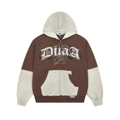 DUAA American Street Color blocked Fake Two piece Zipper Hoodie for Men Autumn Letter Printed Loose Retro Hoodie