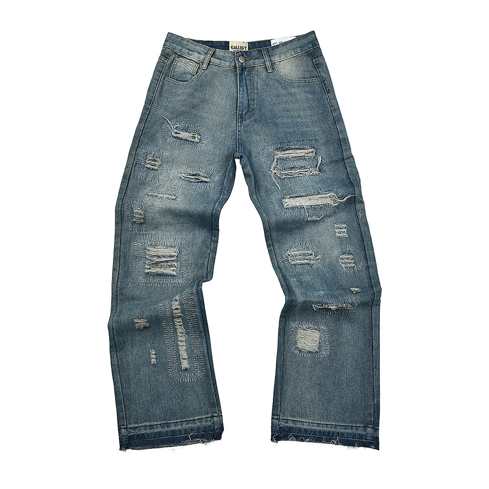 American retro ripped denim pants for young people, daily wear wide leg straight leg washed and worn blue jeans