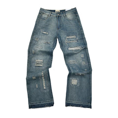 American retro ripped denim pants for young people, daily wear wide leg straight leg washed and worn blue jeans