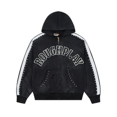 RoughPlay Varsity Letter Stripe Zip‑Up Vintage Hoodie