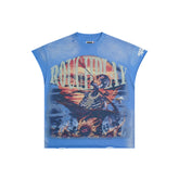 RoughPlay Sunset Warrior Sunflower Graphic Distressed Short‑Sleeve Tee Vintage Streetwear T‑Shirt