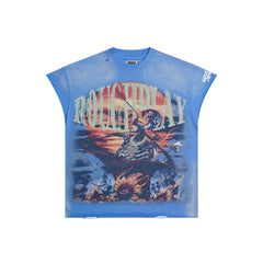 RoughPlay Sunset Warrior Sunflower Graphic Distressed Short‑Sleeve Tee Vintage Streetwear T‑Shirt