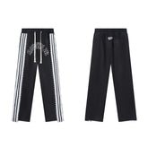 RoughPlay Black Double‑Side White Stripe Straight Leg Sweatpants