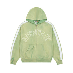 RoughPlay Green Tie‑Dye Varsity Stripe Zip‑Up Vintage Hoodie