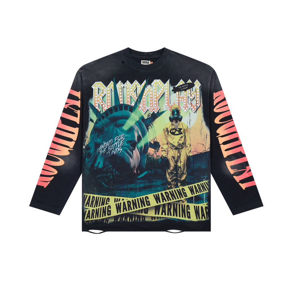 RoughPlay Warning Tape Statue Of Liberty Vintage Distressed Long Sleeve Tee