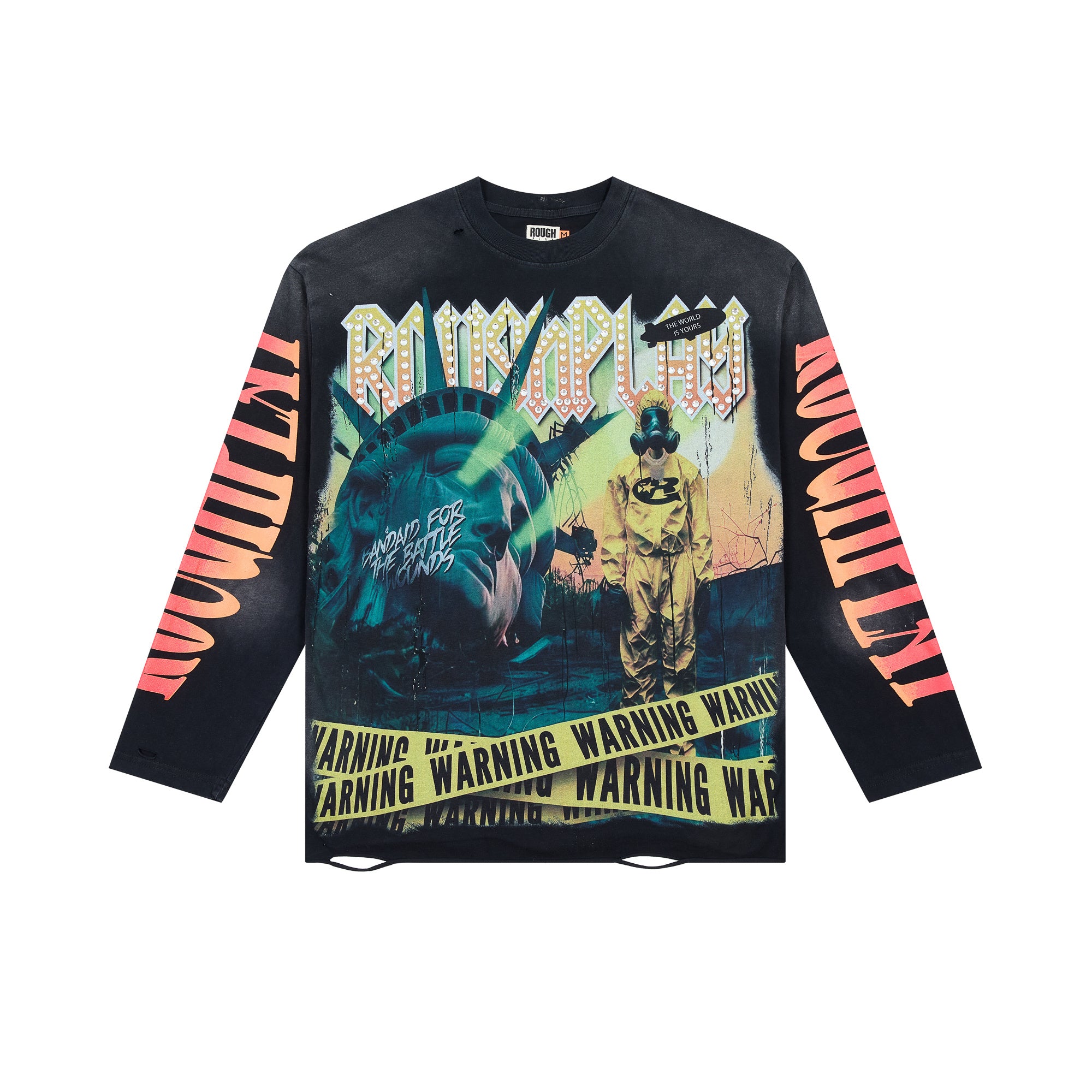 RoughPlay Warning Tape Statue Of Liberty Vintage Distressed Long Sleeve Tee