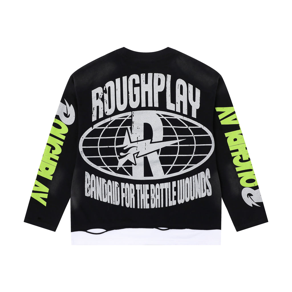 RoughPlay Fire‑Eye Skull Graphic Distressed Long Sleeve Tee