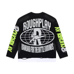 RoughPlay Fire‑Eye Skull Graphic Distressed Long Sleeve Tee