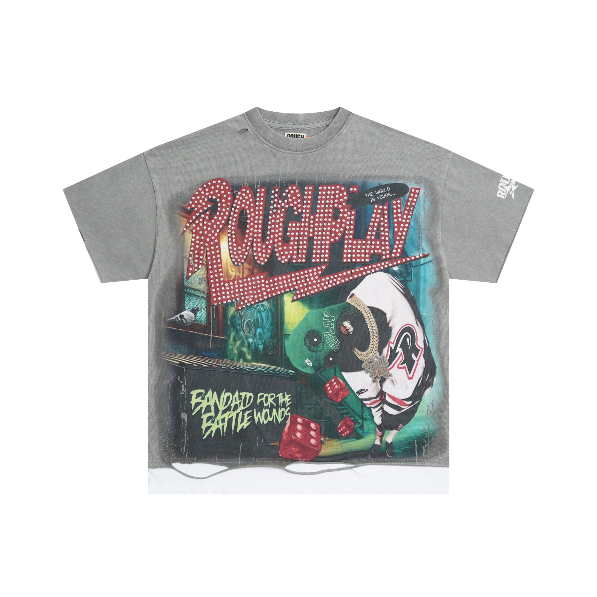 RoughPlay Clown Mask Dice Graphic Distressed Short‑Sleeve Tee Vintage Streetwear T‑Shirt