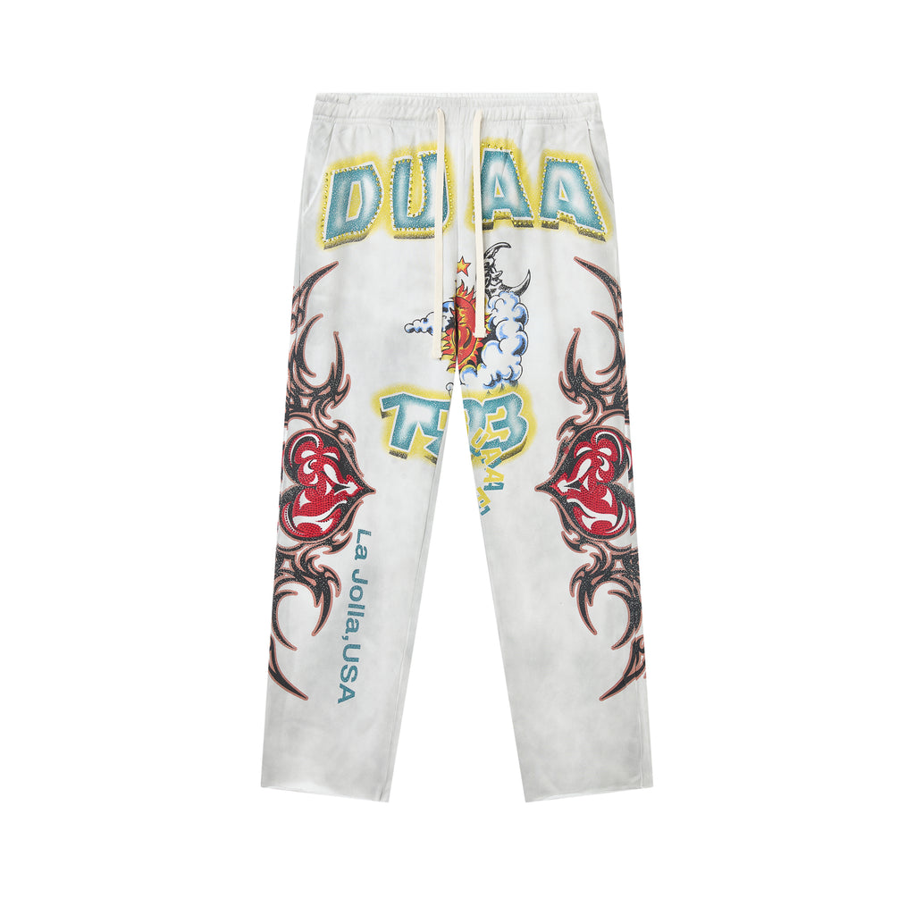 White Washed Heart Letter Graphic Wide Leg Pants