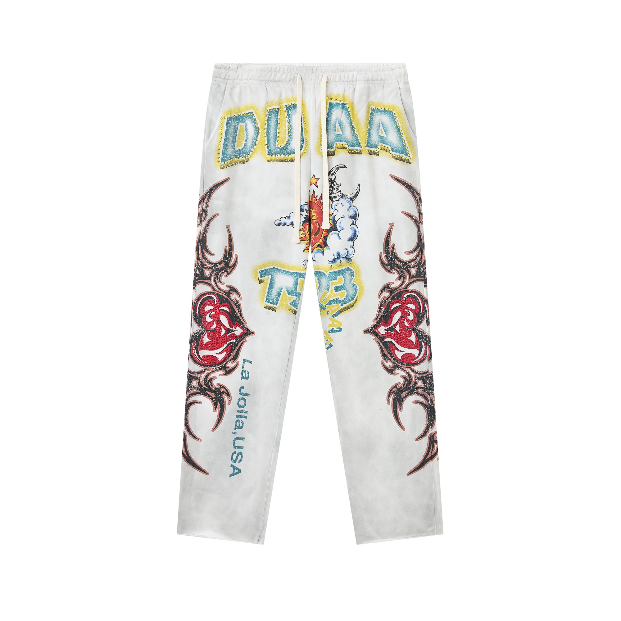 White Washed Heart Letter Graphic Wide Leg Pants