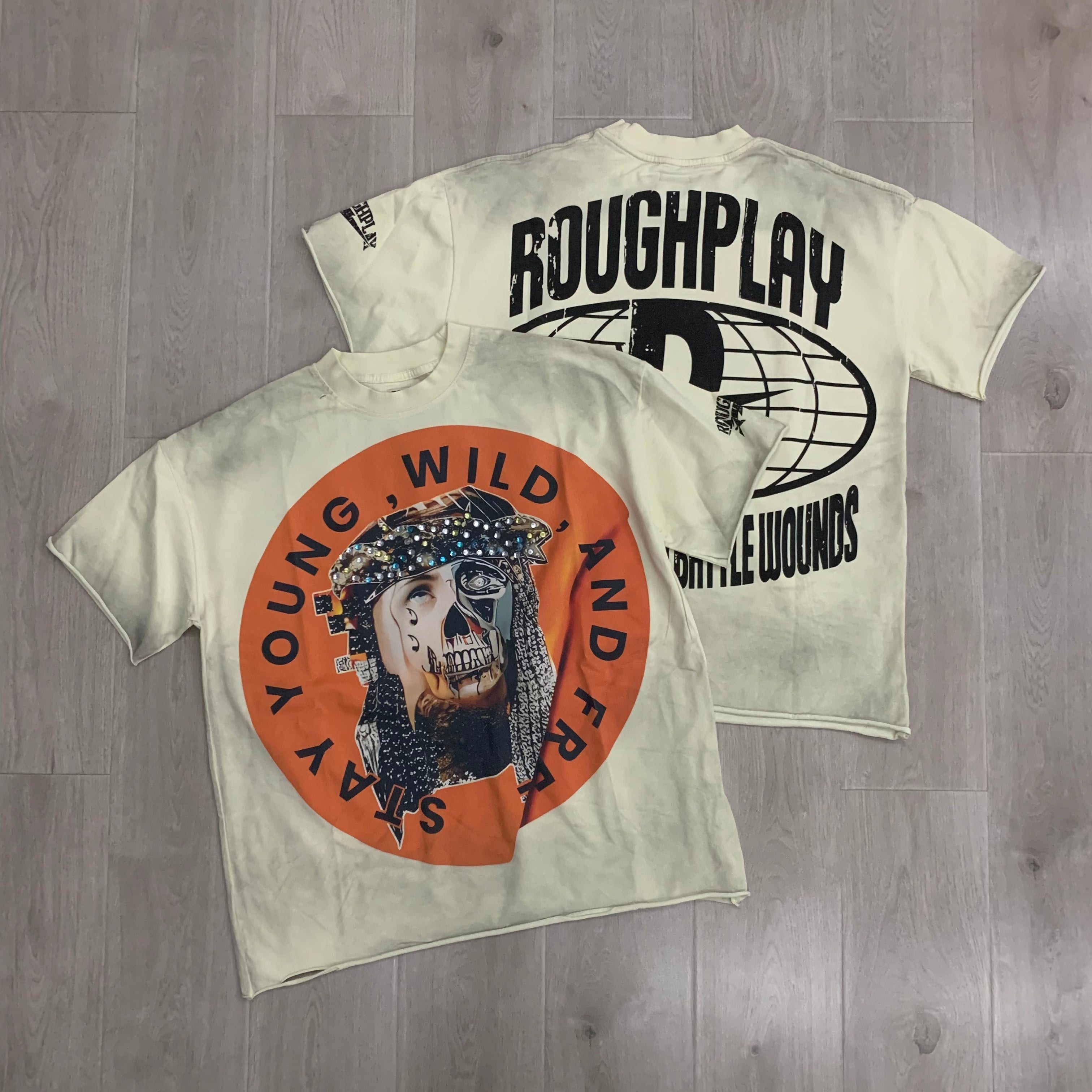 RoughPlay Stay Young Wild And Free Skull Portrait Graphic Distressed Short‑Sleeve Tee Vintage Streetwear T‑Shirt