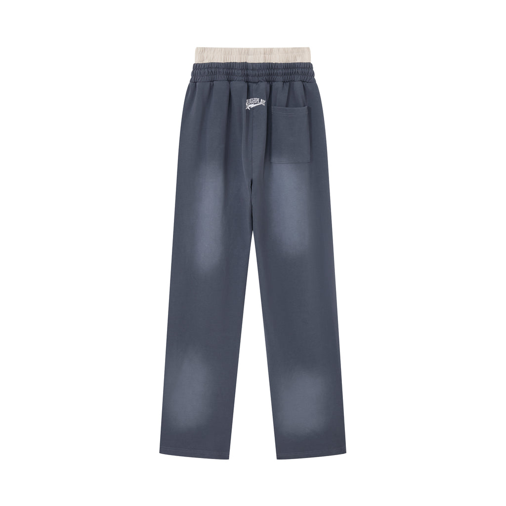 RoughPlay Dark Grey Side Stripe Green Letter Straight Leg Sweatpants