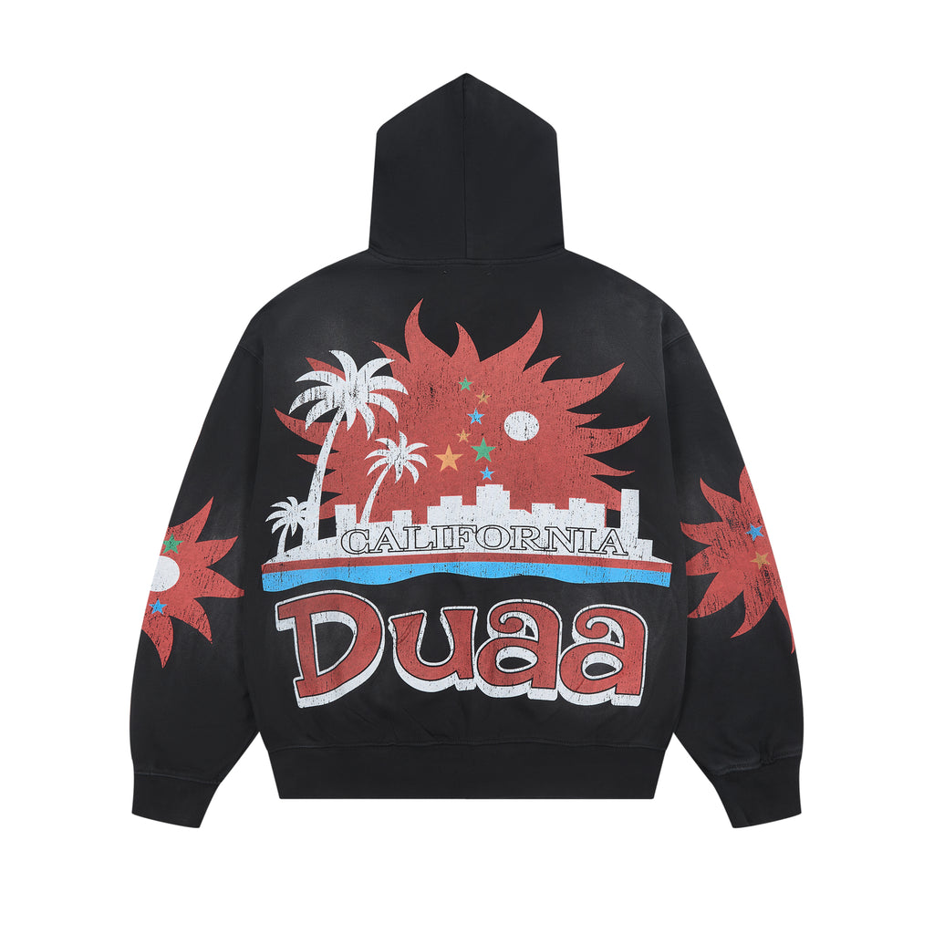 DUAA Palm City Sunset Graphic Zip‑Up Hoodie Vintage Streetwear Hooded Jacket