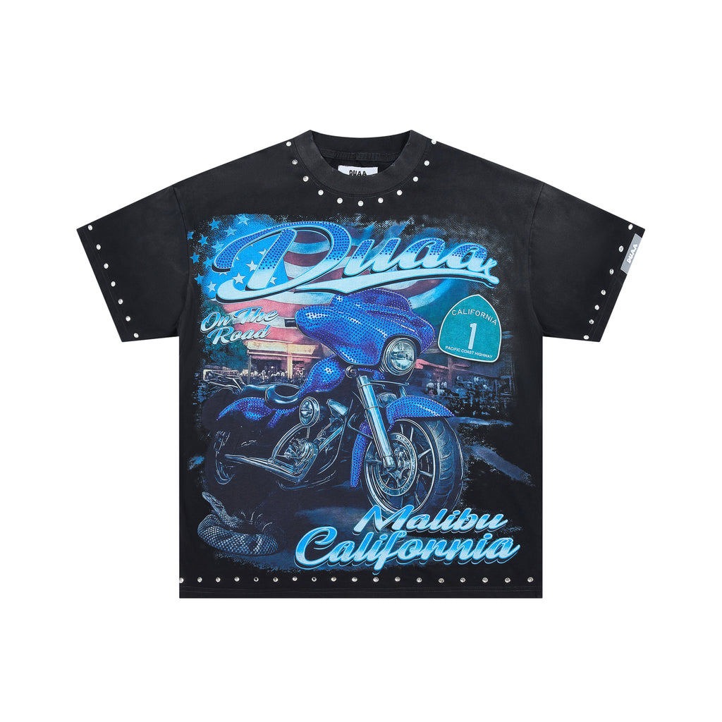 DUAA Malibu California Motorcycle Vintage Studded Graphic T‑Shirt