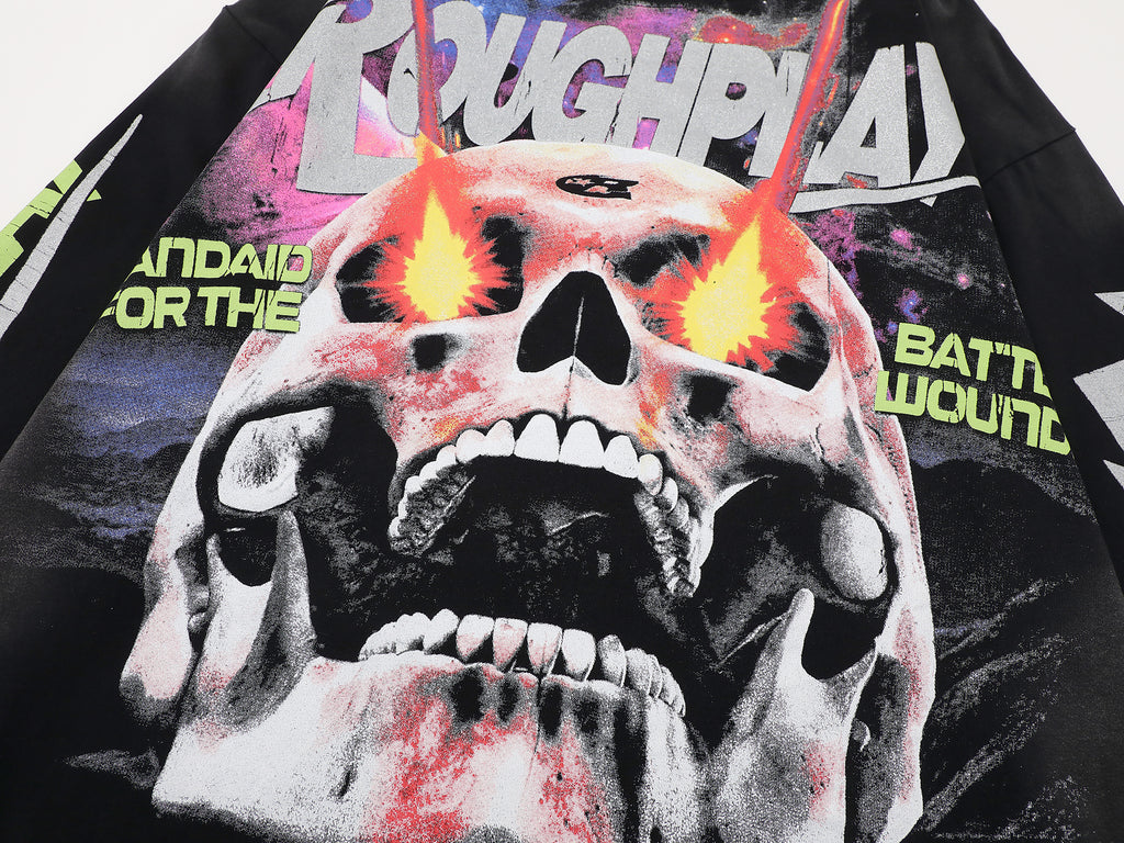 RoughPlay Fire‑Eye Skull Graphic Distressed Long Sleeve Tee