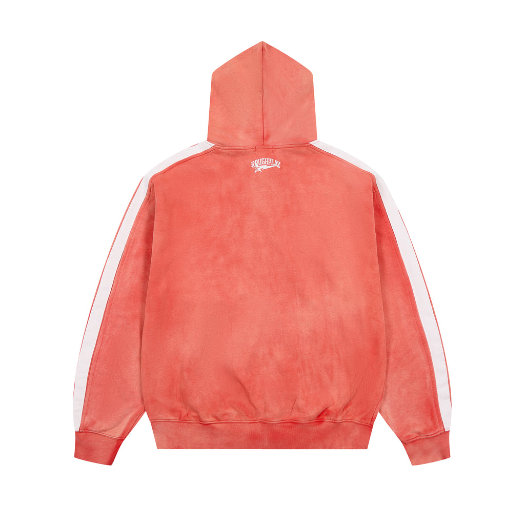 RoughPlay Red Tie‑Dye Varsity Stripe Zip‑Up Vintage Hoodie