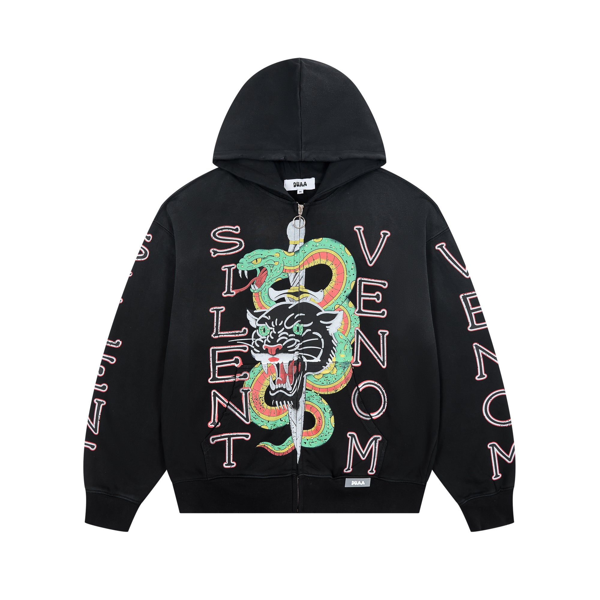 DUAA Silent Venom Panther Snake Graphic Zip‑Up Hoodie Vintage Streetwear Hooded Jacket