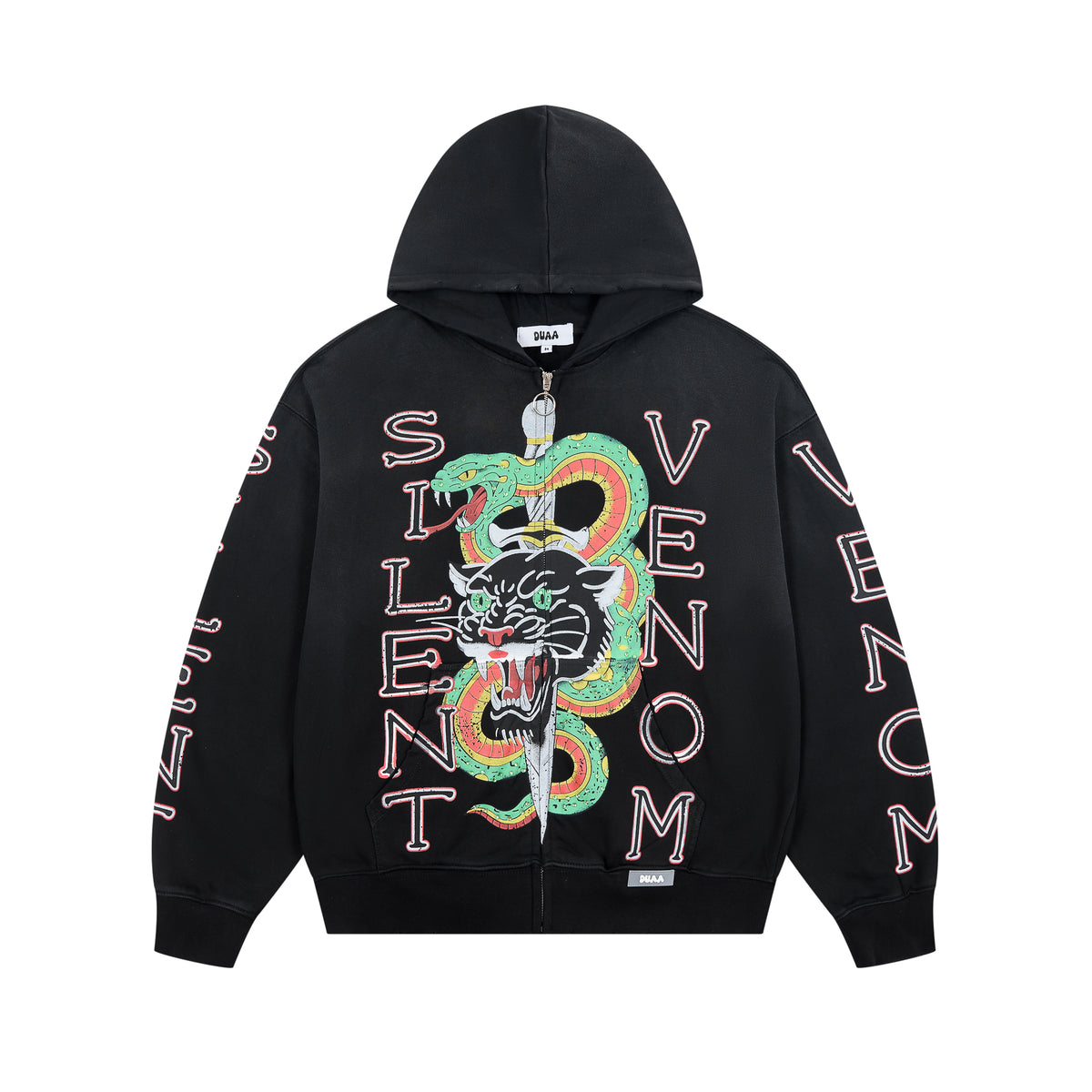 DUAA Silent Venom Panther Snake Graphic Zip‑Up Hoodie Vintage Streetwear Hooded Jacket