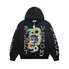DUAA Silent Venom Panther Snake Graphic Zip‑Up Hoodie Vintage Streetwear Hooded Jacket