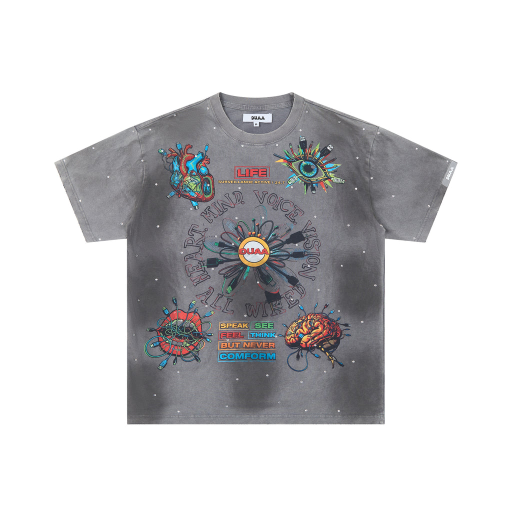 DUAA Psychedelic Organ Art Vintage Washed Graphic T‑Shirt