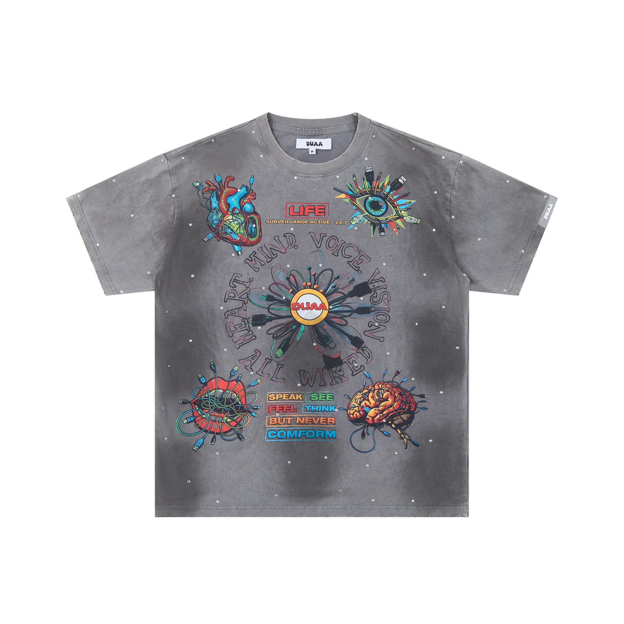 DUAA Psychedelic Organ Art Vintage Washed Graphic T‑Shirt