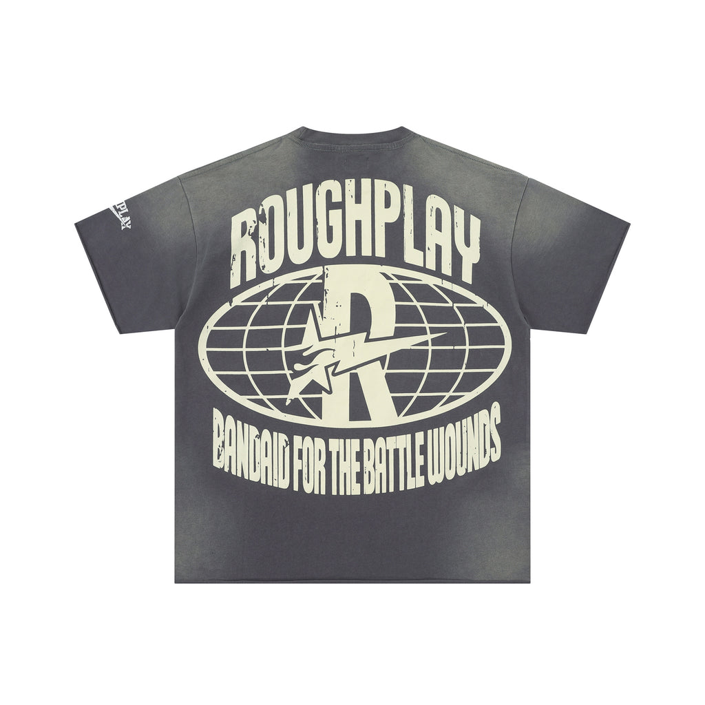 RoughPlay Stay Young Wild And Free Skull Portrait Green Circle Graphic Distressed Short‑Sleeve Tee Vintage Streetwear T‑Shirt