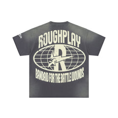 RoughPlay Stay Young Wild And Free Skull Portrait Green Circle Graphic Distressed Short‑Sleeve Tee Vintage Streetwear T‑Shirt