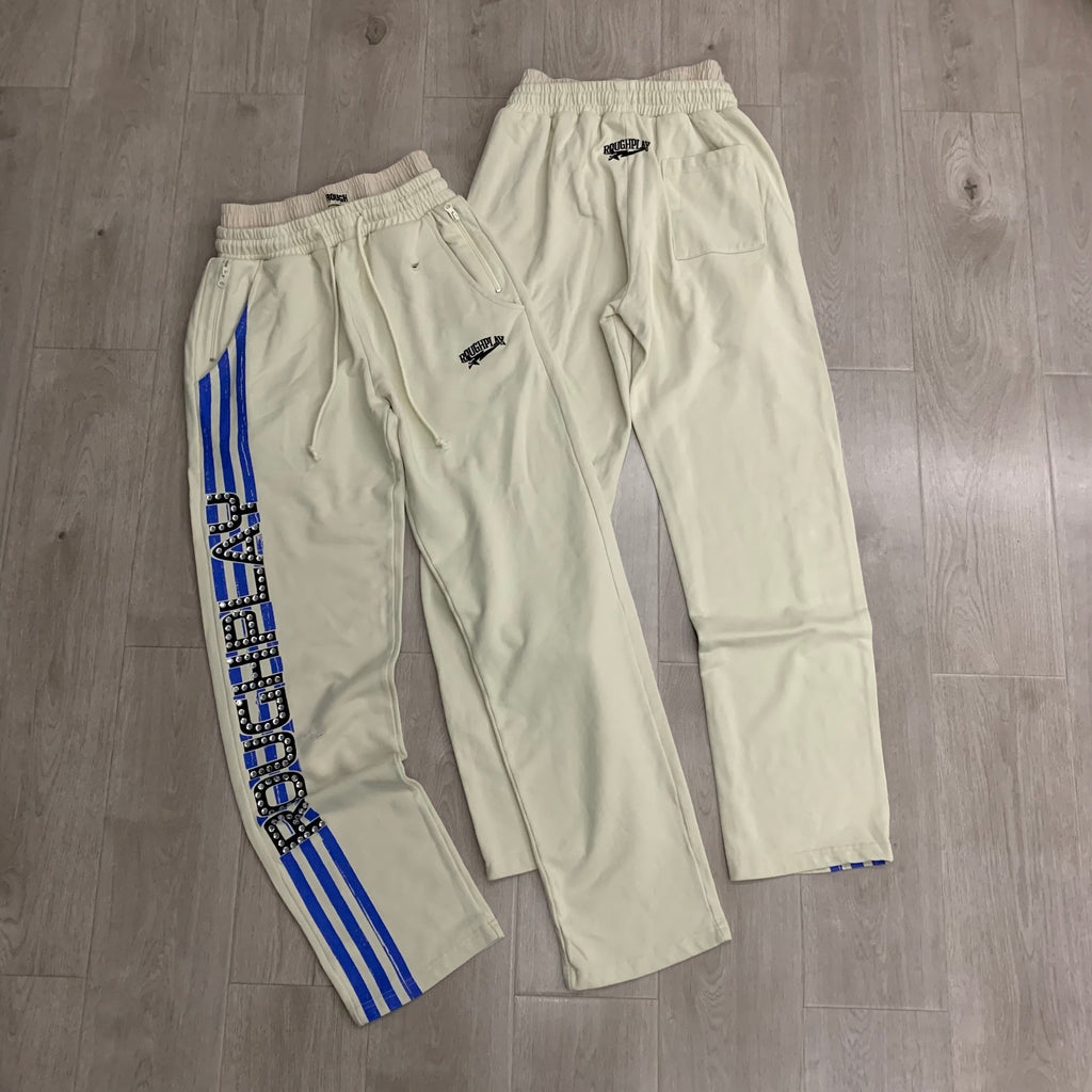 RoughPlay Cream Side Stripe Black Letter Straight Leg Sweatpants