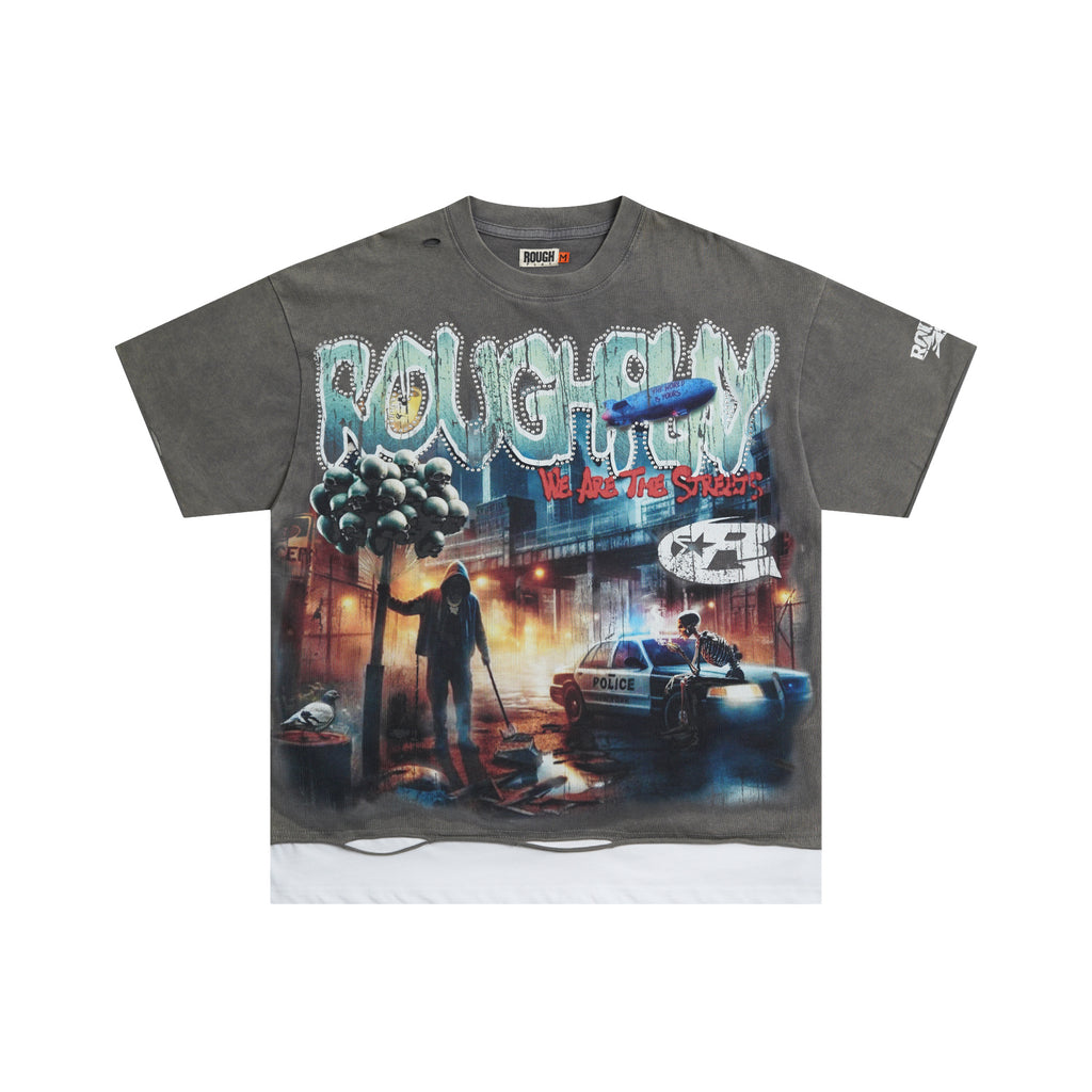 RoughPlay Rainy City Street Scene Graphic Distressed Short‑Sleeve Tee Vintage Streetwear T‑Shirt