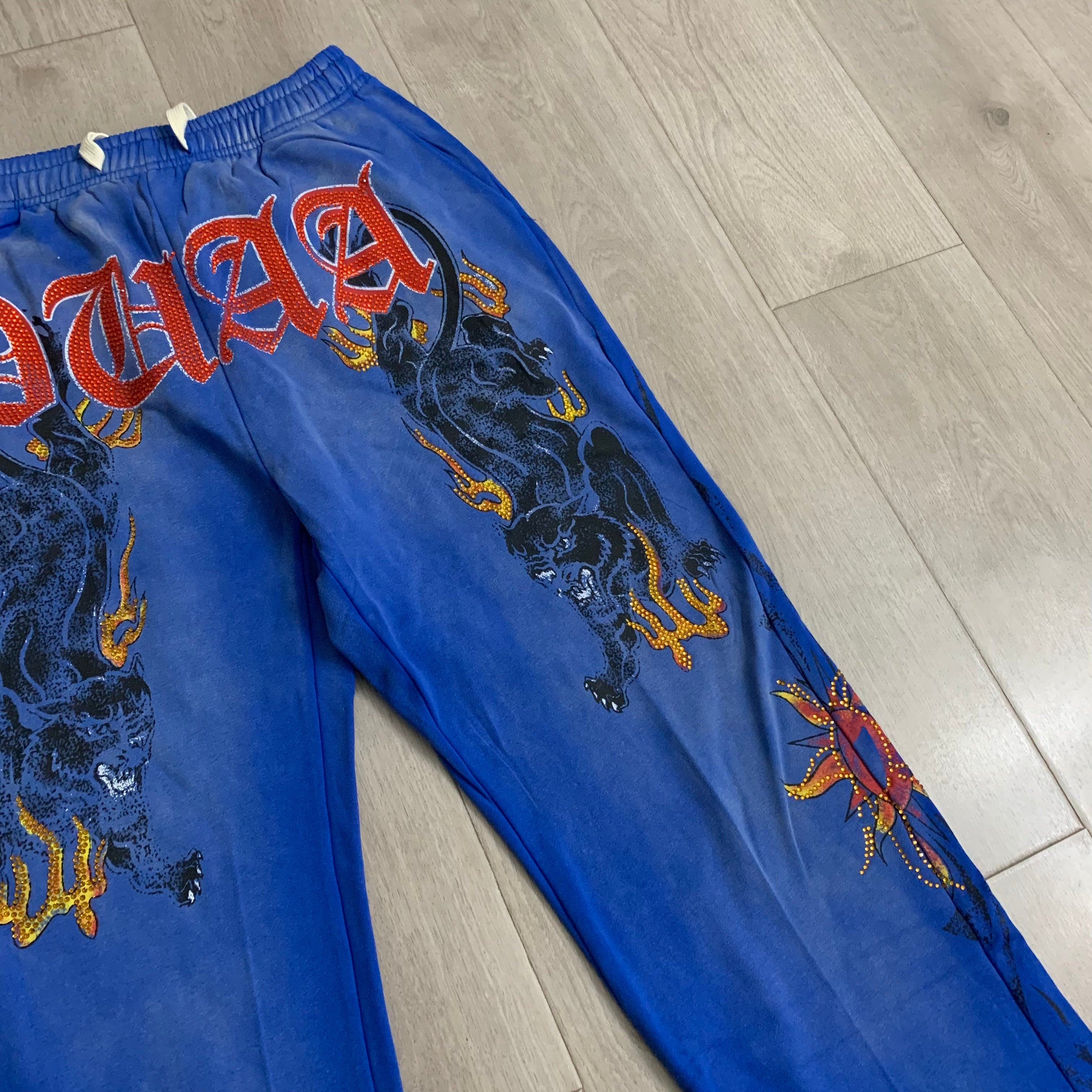 Blue Vintage Flame Graphic Wide Leg Pants