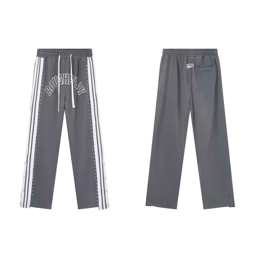 RoughPlay Dark‑Grey Double‑Side White Stripe Straight Leg Sweatpants