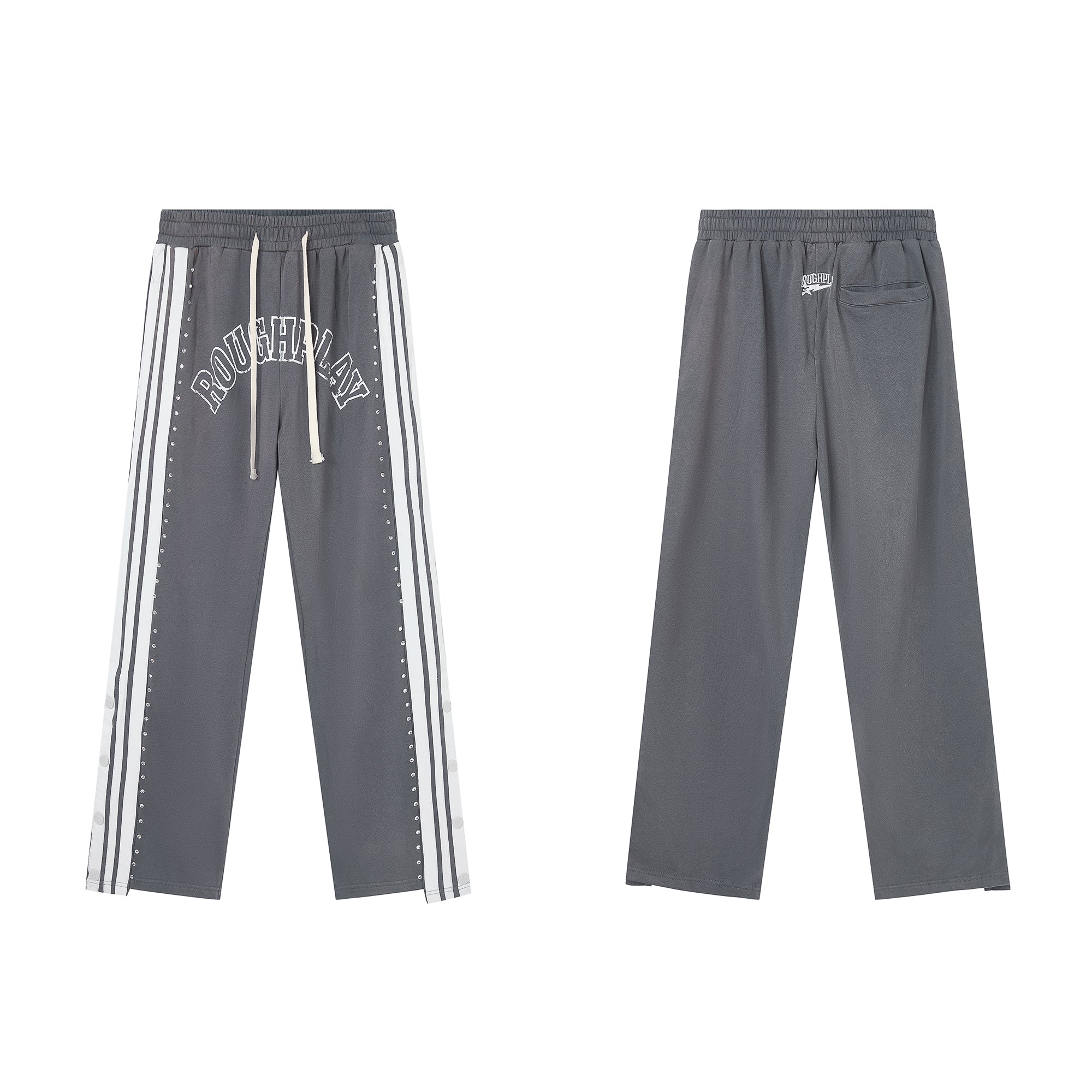 RoughPlay Dark‑Grey Double‑Side White Stripe Straight Leg Sweatpants