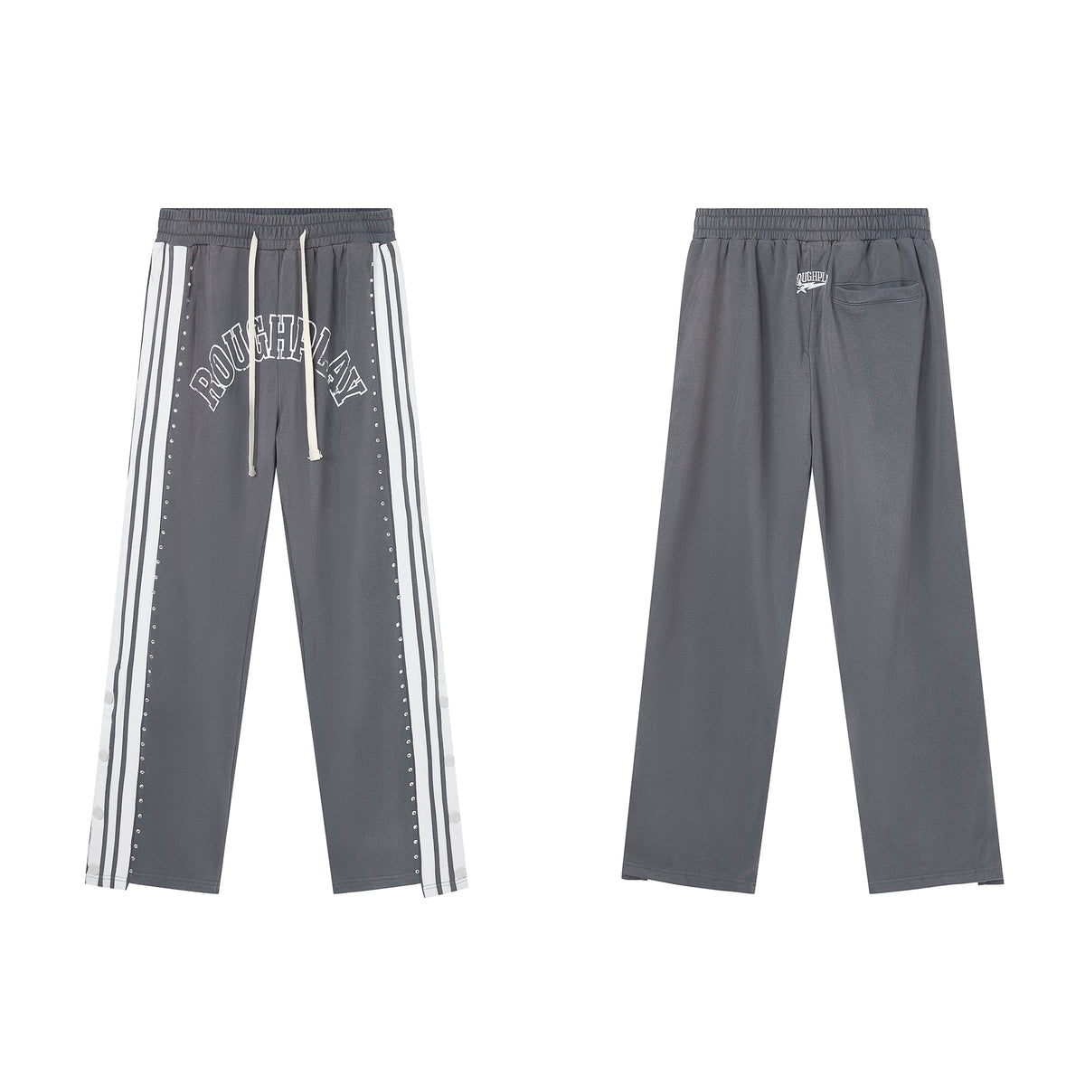RoughPlay Dark‑Grey Double‑Side White Stripe Straight Leg Sweatpants