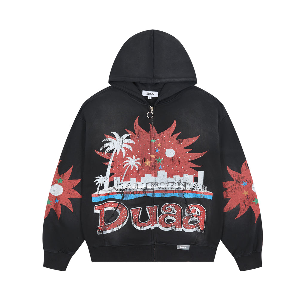 DUAA Palm City Sunset Graphic Zip‑Up Hoodie Vintage Streetwear Hooded Jacket