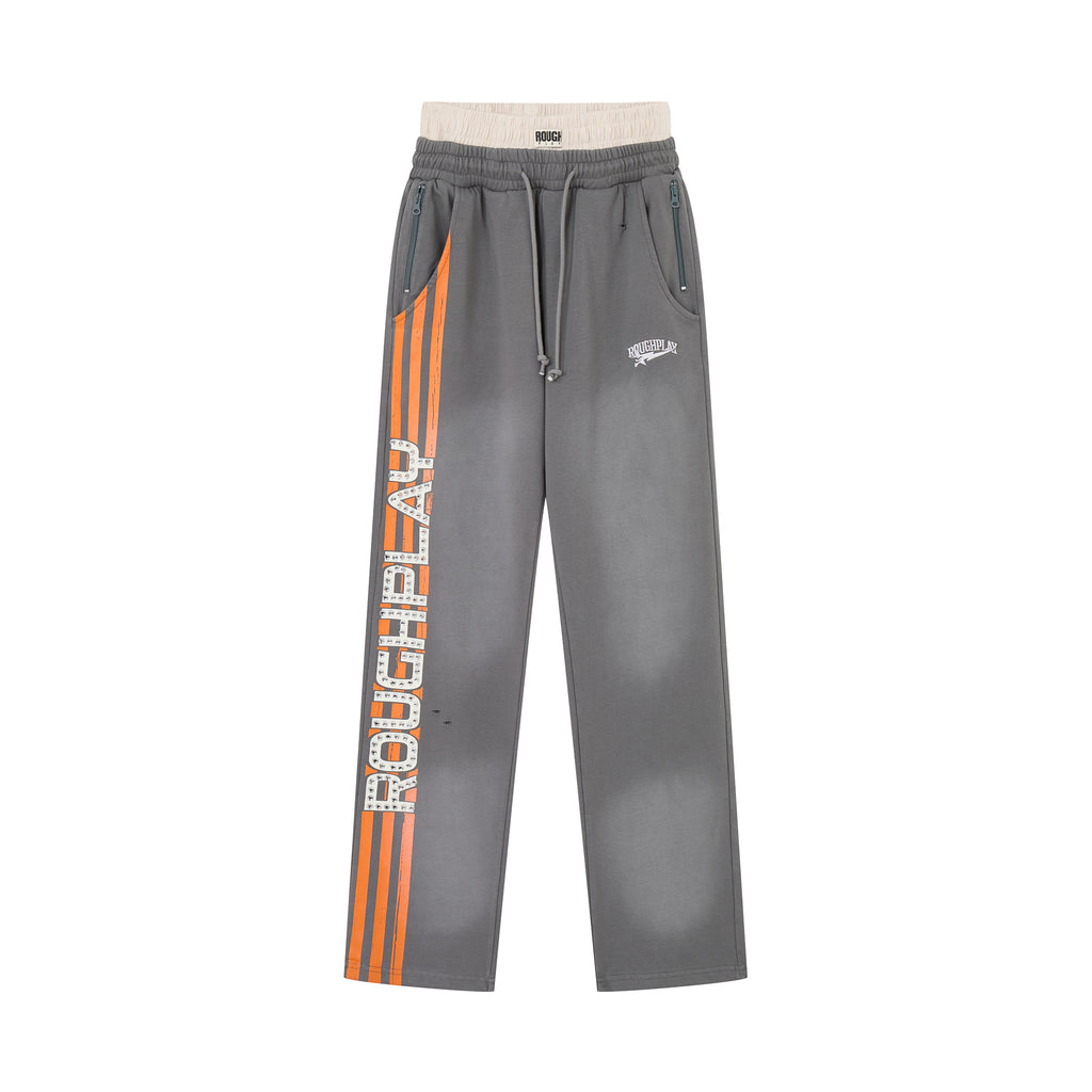 RoughPlay Dark‑Grey Orange Side Stripe Letter Straight Leg Sweatpants