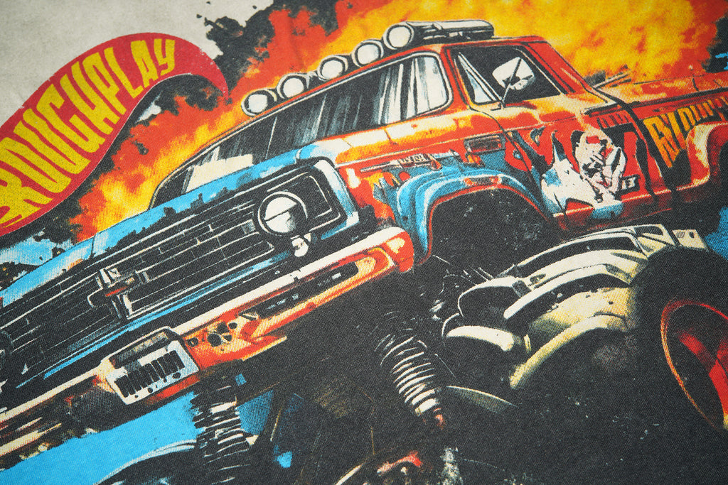 RoughPlay Monster Truck Flame Graphic Distressed Short‑Sleeve Tee Vintage Streetwear T‑Shirt