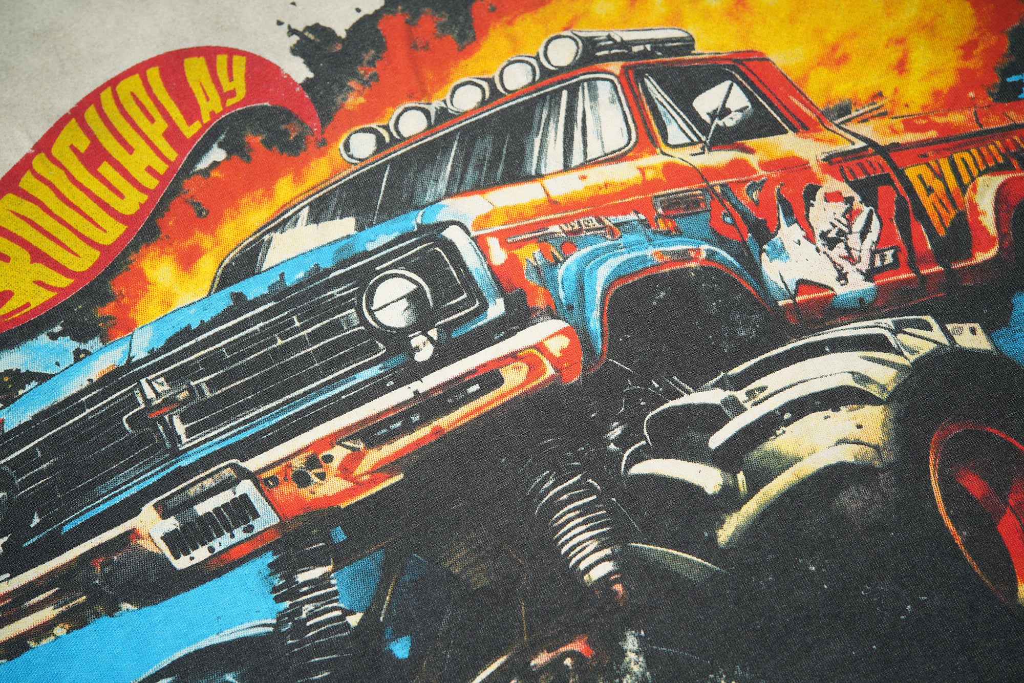 RoughPlay Monster Truck Flame Graphic Distressed Short‑Sleeve Tee Vintage Streetwear T‑Shirt