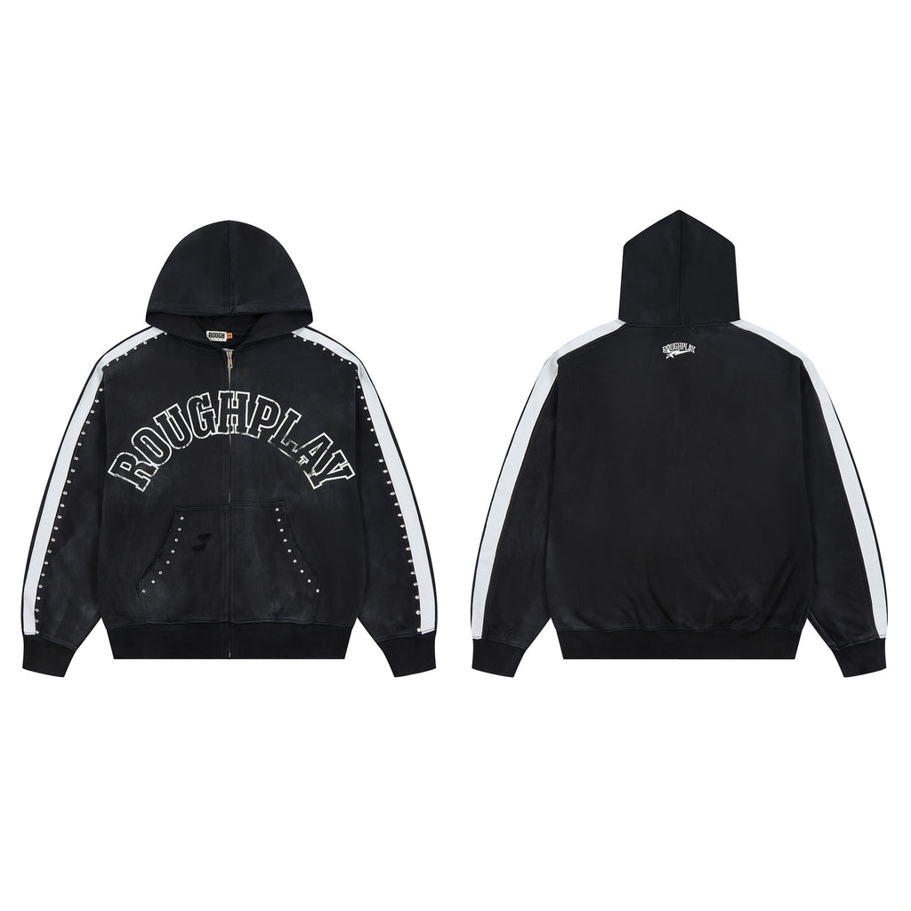 RoughPlay Varsity Letter Stripe Zip‑Up Vintage Hoodie