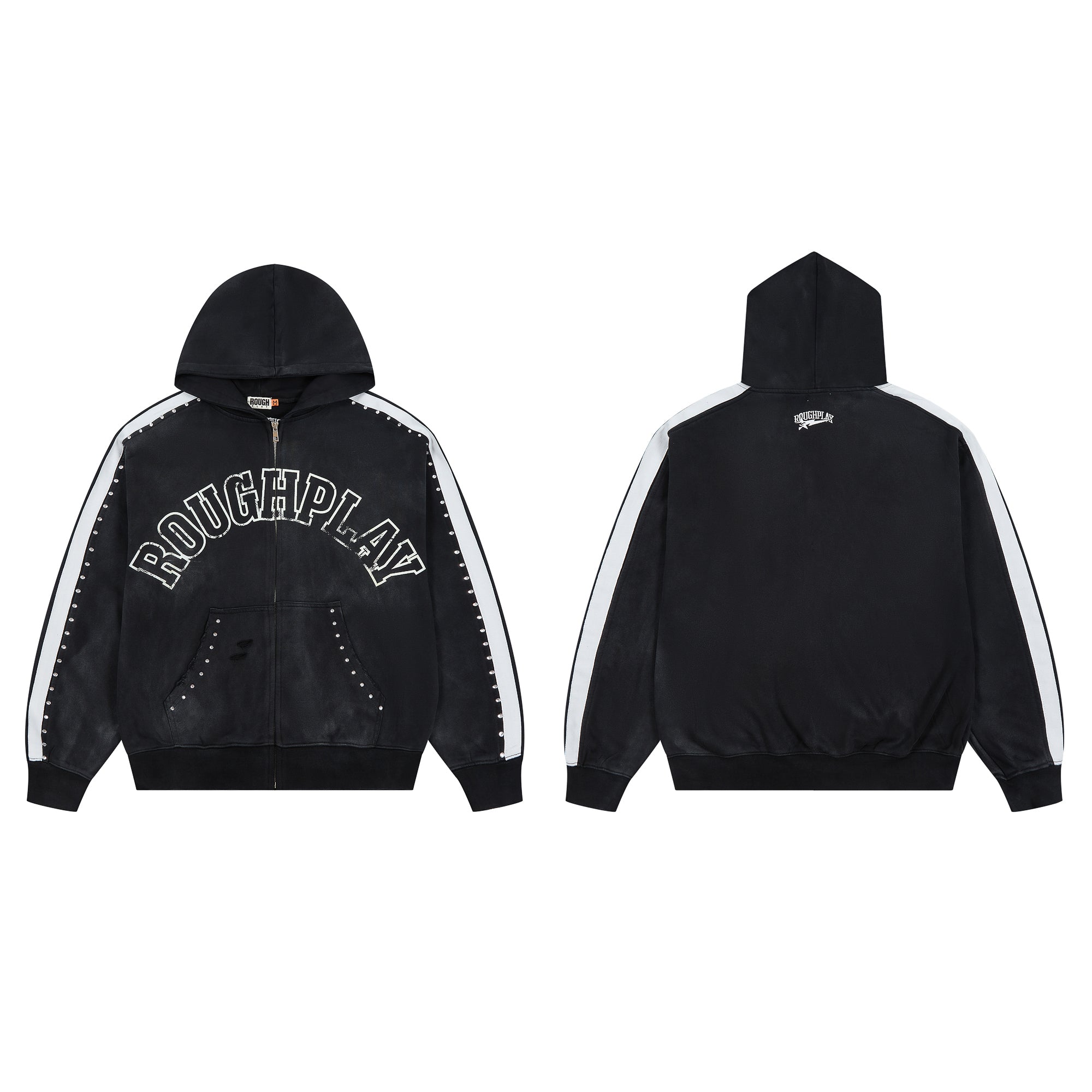 RoughPlay Varsity Letter Stripe Zip‑Up Vintage Hoodie