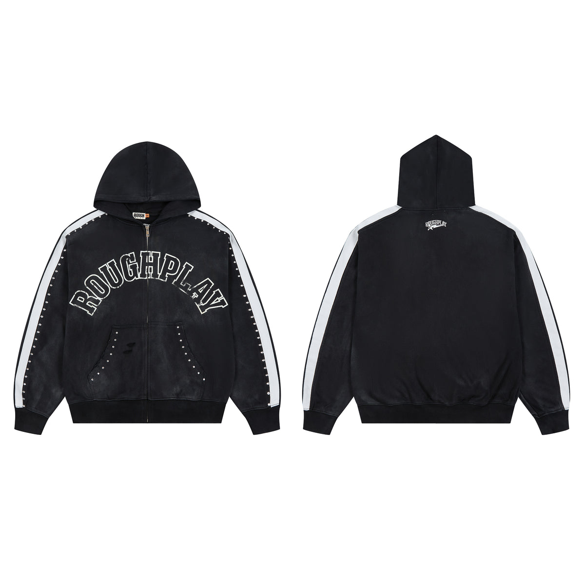 RoughPlay Varsity Letter Stripe Zip‑Up Vintage Hoodie