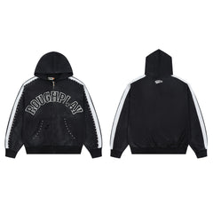 RoughPlay Varsity Letter Stripe Zip‑Up Vintage Hoodie