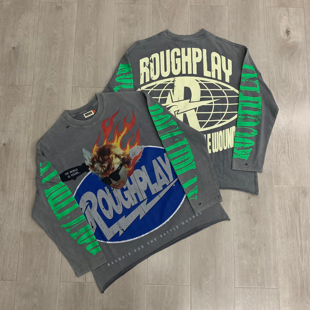 RoughPlay Flame Portrait Vintage Distressed Long Sleeve Tee
