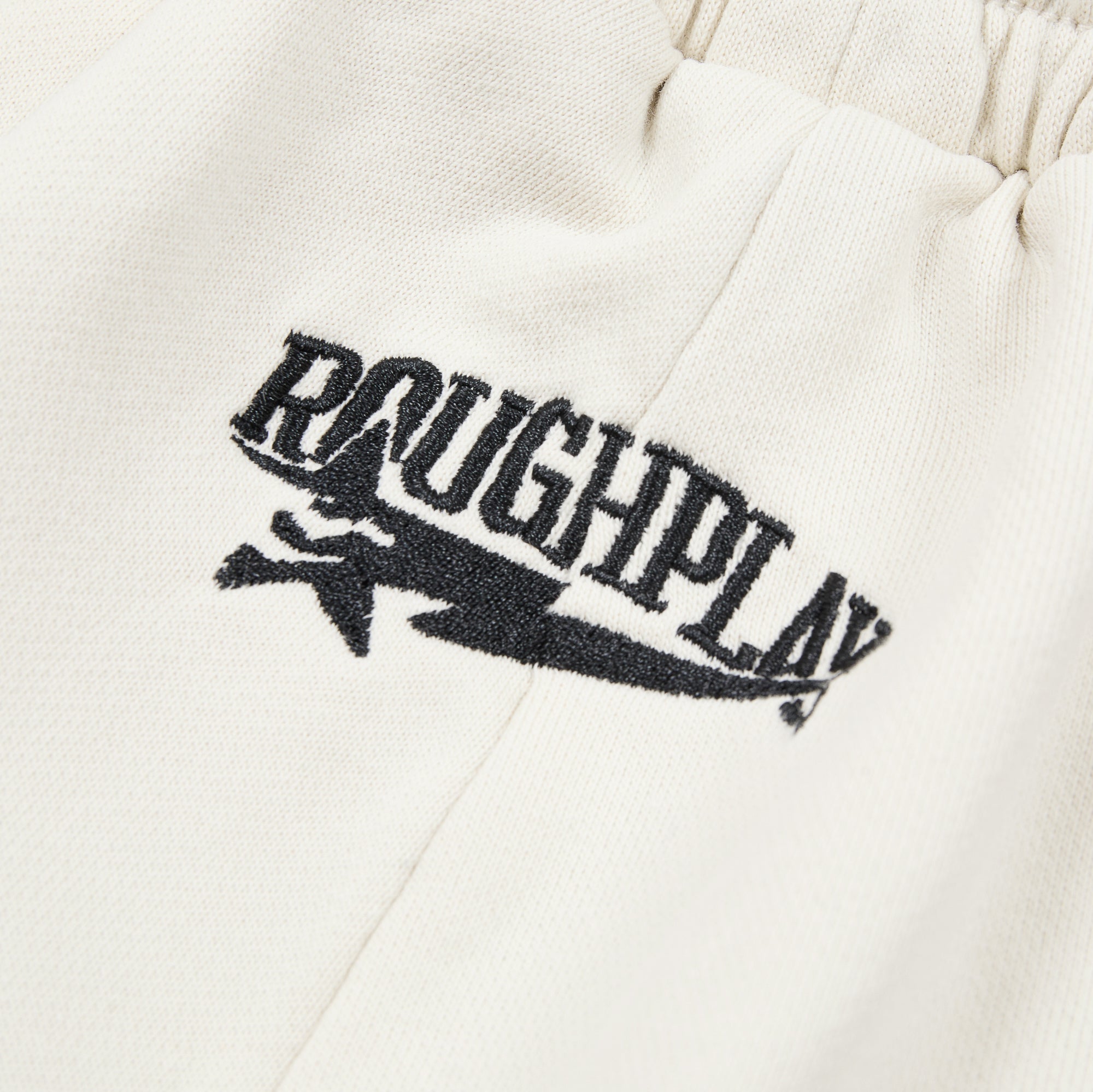 RoughPlay Cream Side Stripe Black Letter Straight Leg Sweatpants