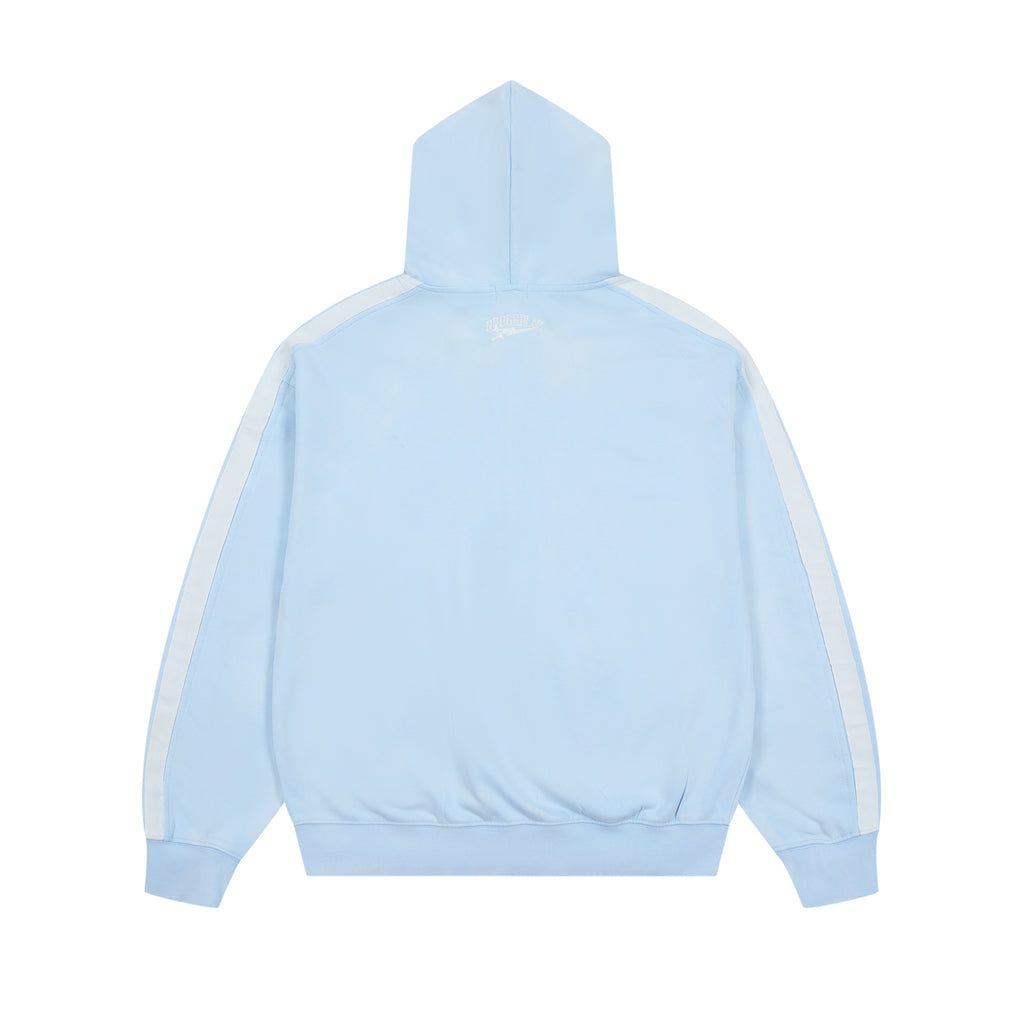 RoughPlay Baby Blue Varsity Stripe Zip‑Up Vintage Hoodie